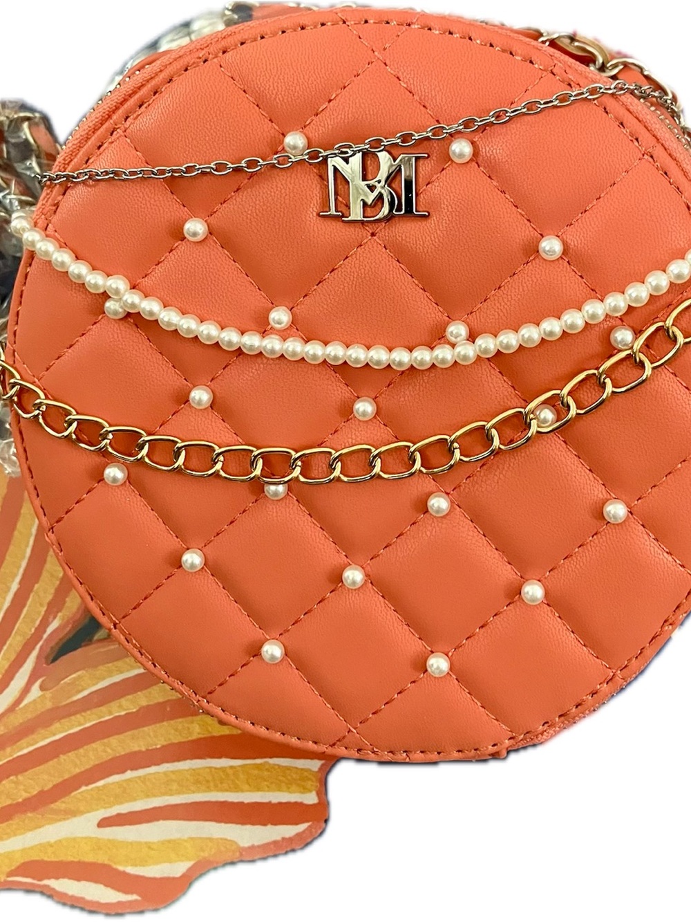Badgley Mischka Coral Quilted Round Crossbody with Pearl & Chain Detail